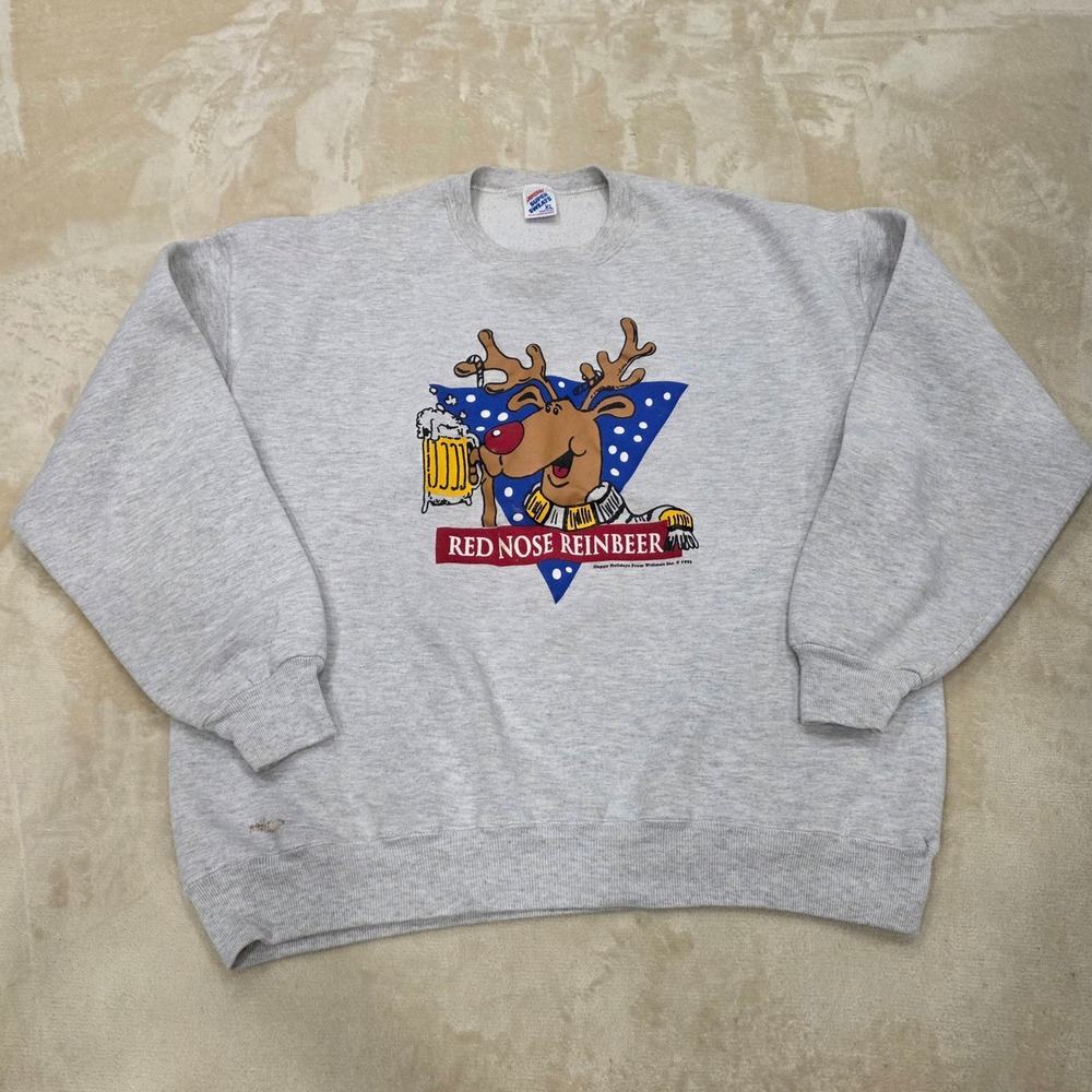 Vintage 90s Red Nose Reinbeer Sweatshirt XL Gray Jerzees Super Sweats Funny